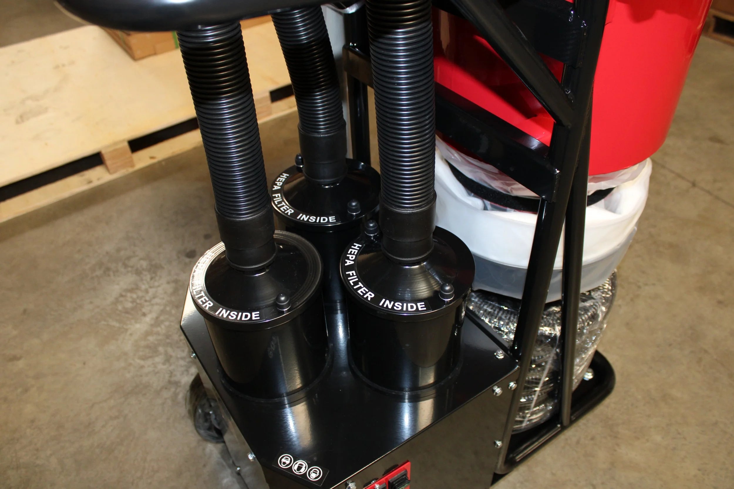 FORTE F36 high-capacity HEPA dust extractor with multi-motor system and two-stage filtration, designed for concrete grinding and surface prep, delivering up to 285–354 CFM airflow to capture fine silica dust and debris for cleaner, safer job sites.