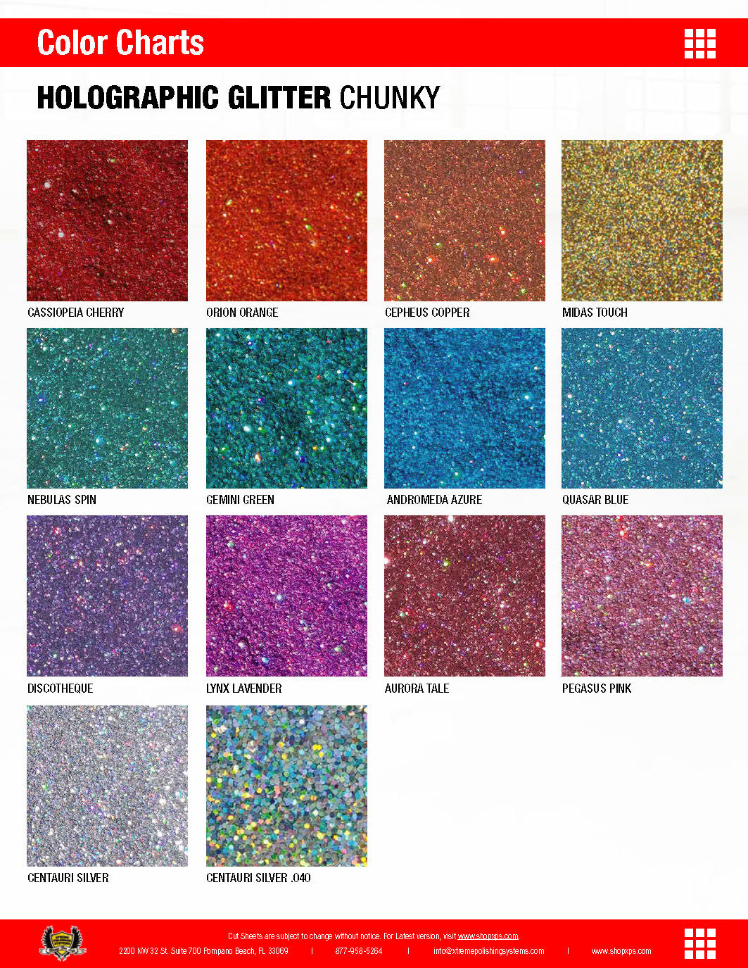 XPS Holographic Glitter Chunky Color Chart with color pigments swatches and name