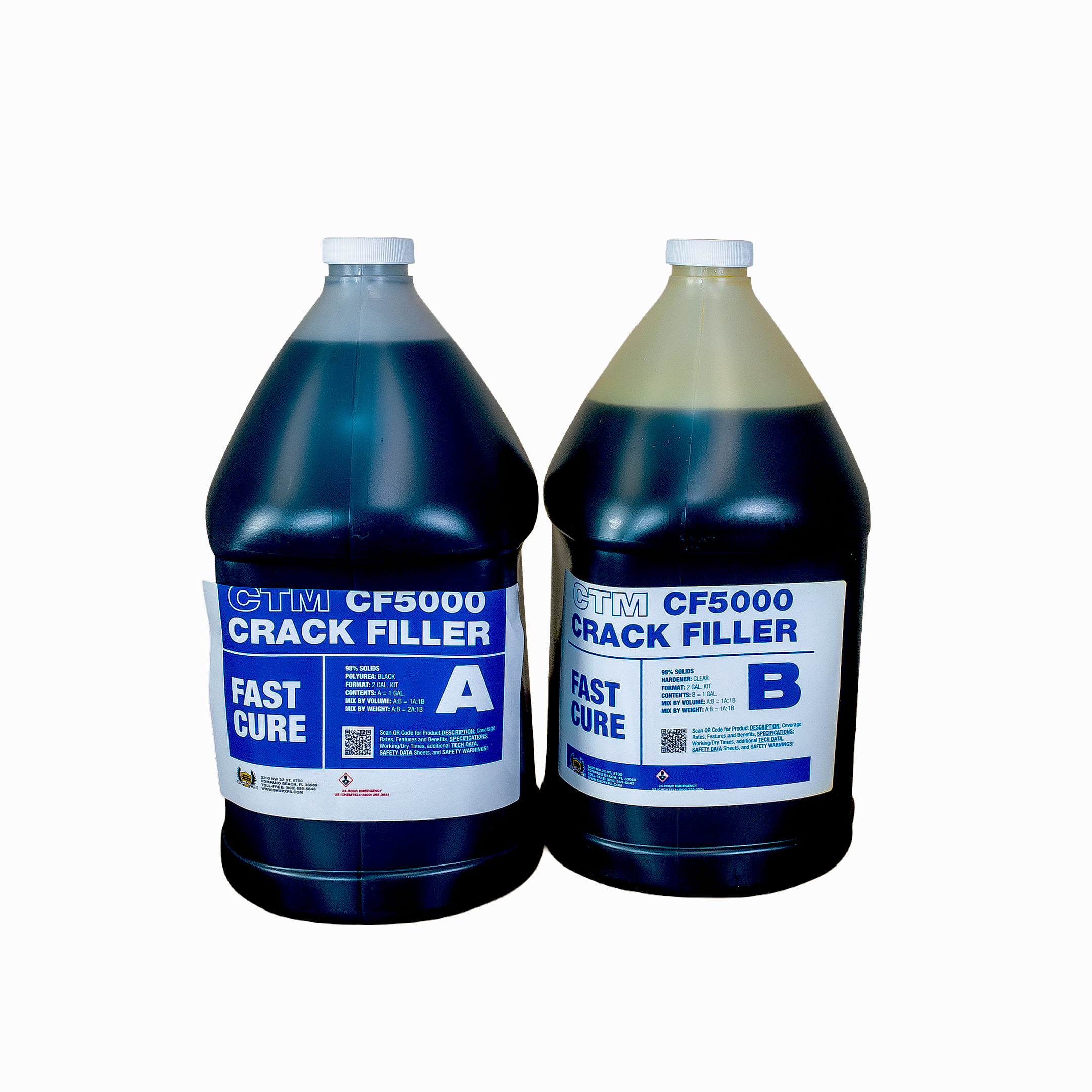 Two large plastic gallon bottles of CF5000 Crack Filler, labeled A and B, shown side-by-side on a plain white background.