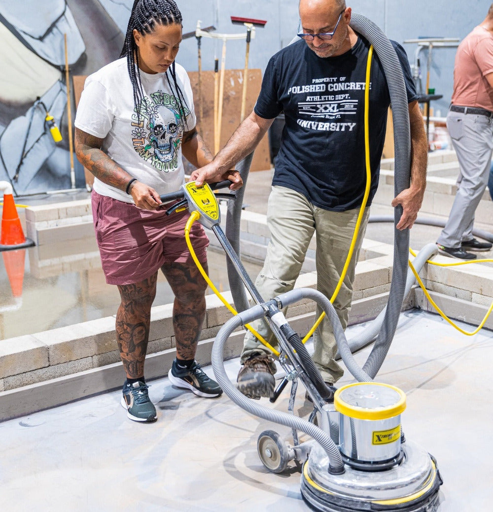 Epoxy Training Class Grinding - Xtreme Polishing Systems. Concrete Coating Training, Concrete Coating Classes, and Decorative Concrete Training.
