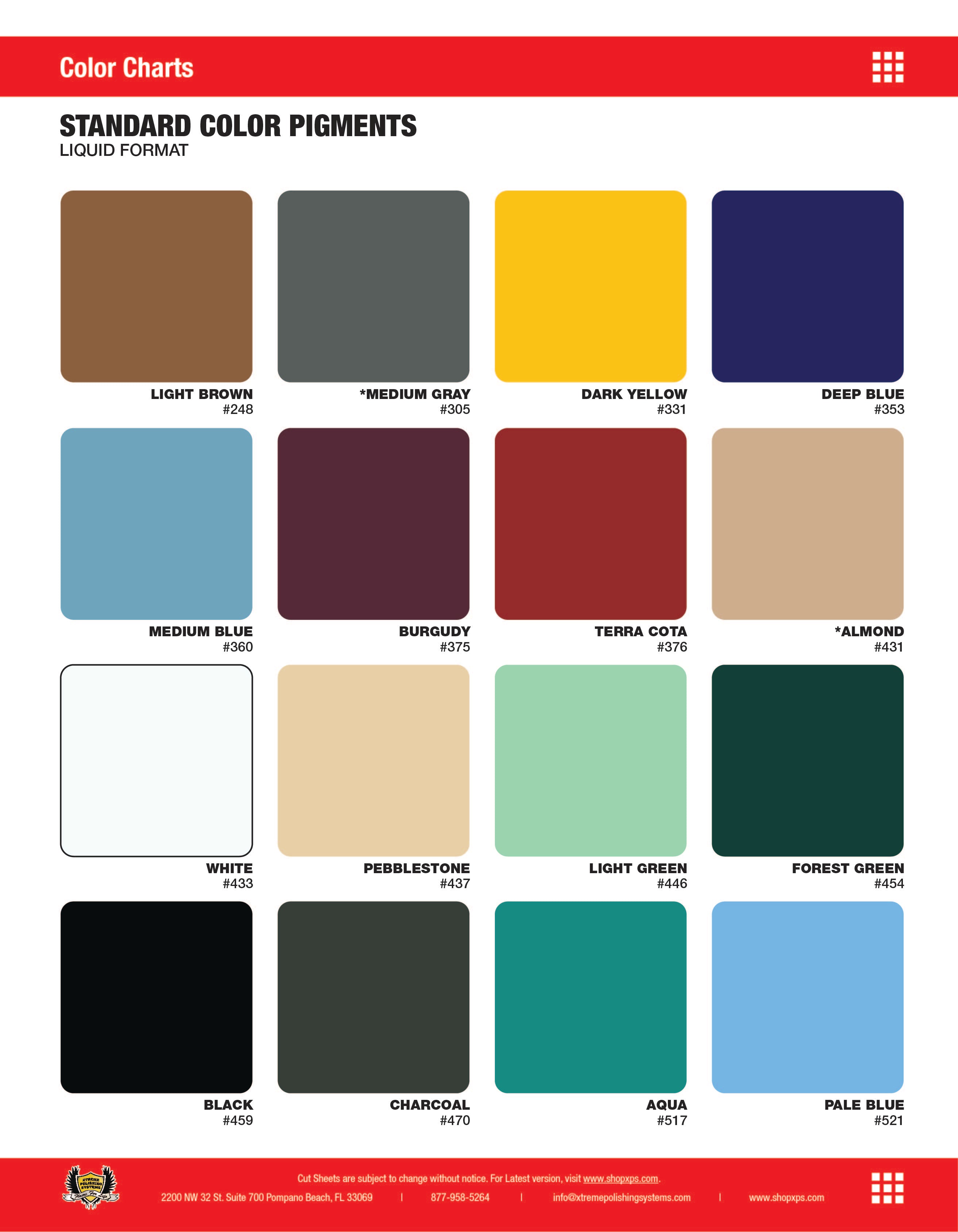 Decorative Concrete and Epoxy Color Pigments Charts