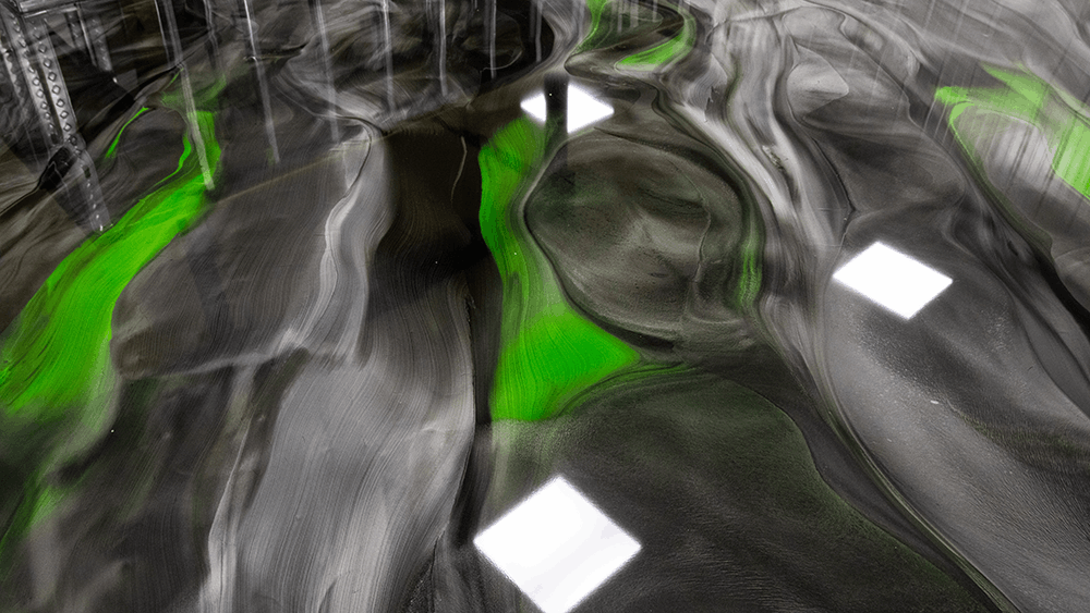 Black, White, and Green metallic resin floor.
