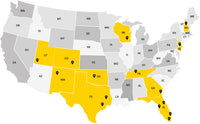 Grayscale map of U.S. with yellow states indicating locations of XPS Xpress Stores