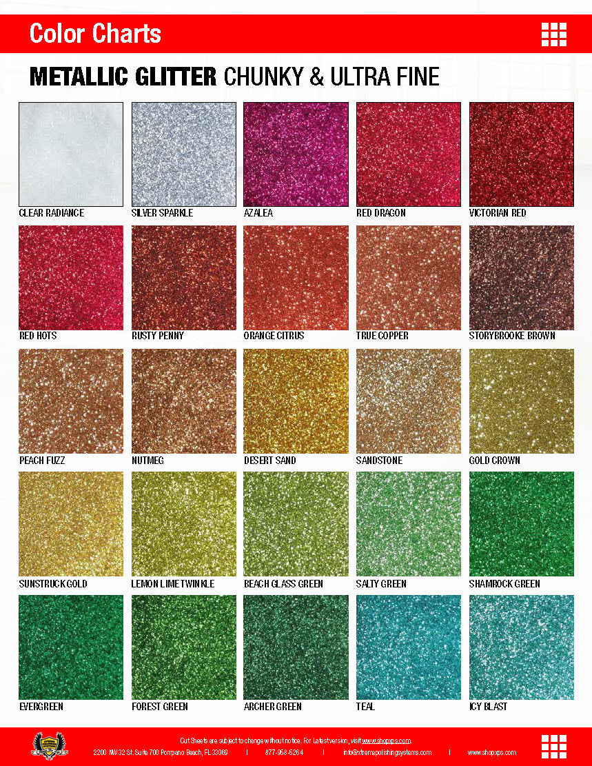 XPS Metallic Glitter Chunky & Ultra Fine Color Chart with color pigments swatches and color name