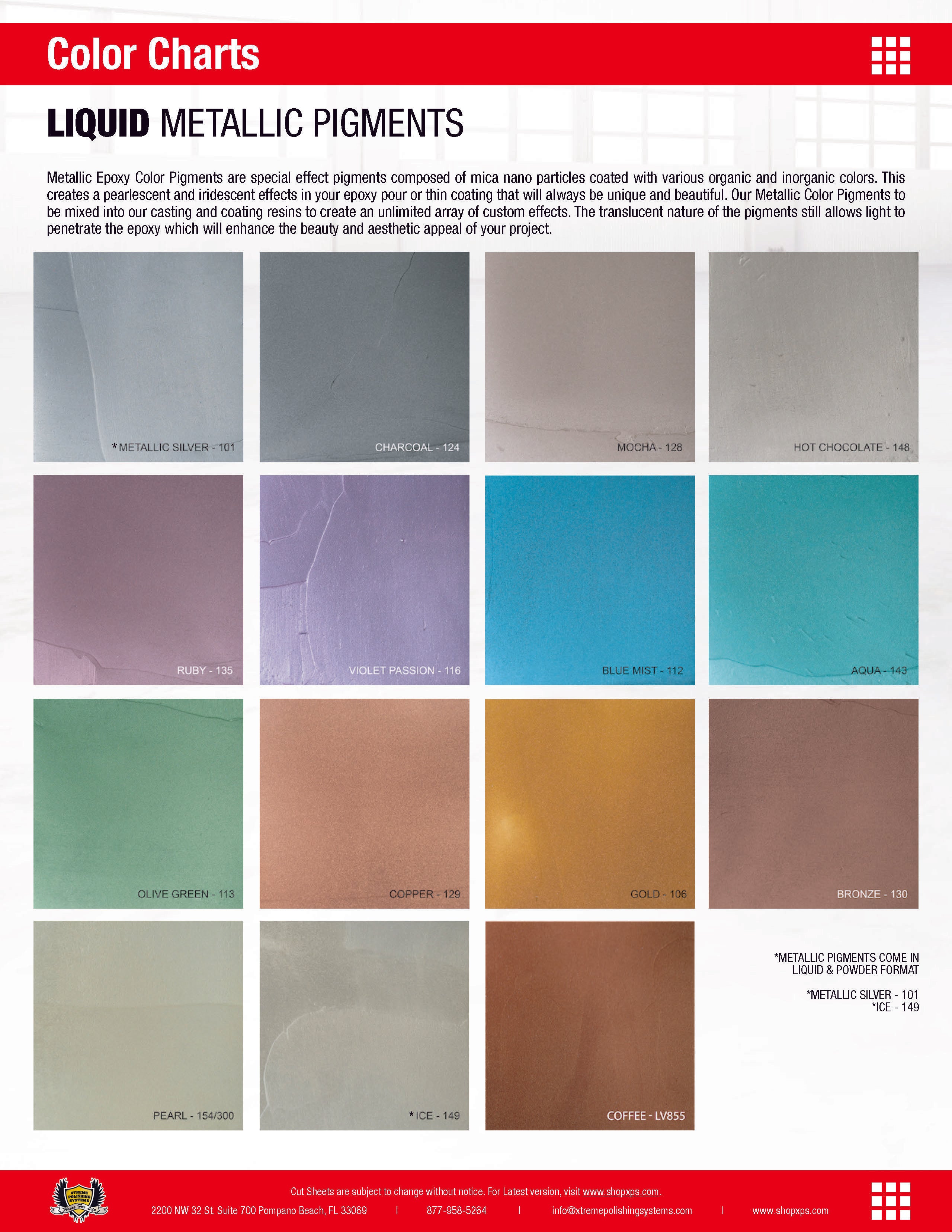 XPS Liquid Metallic Pigments Color Chart with description of epoxy coatings and color pigments swatches with color name and number