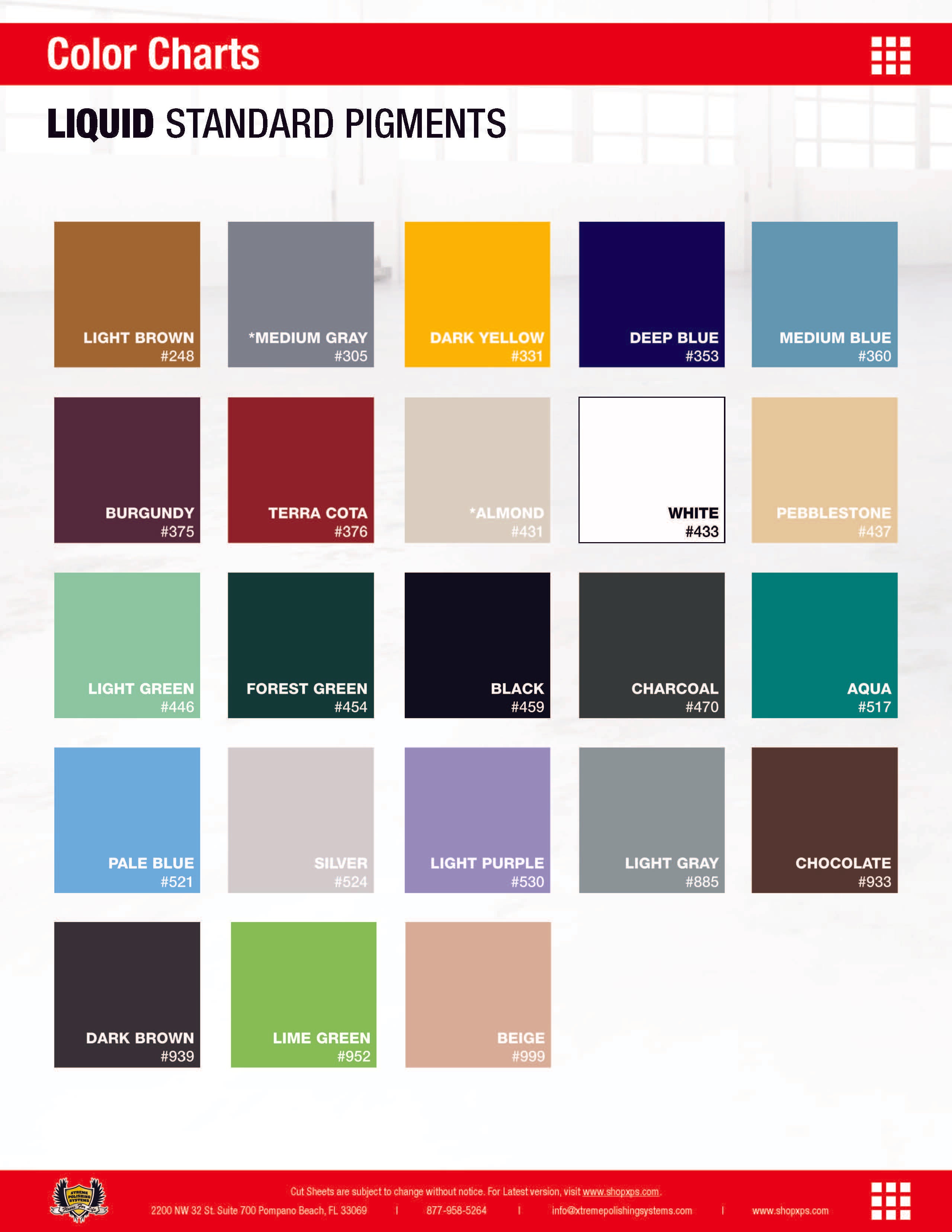 Liquid Standard Pigments Color Chart | XPS
