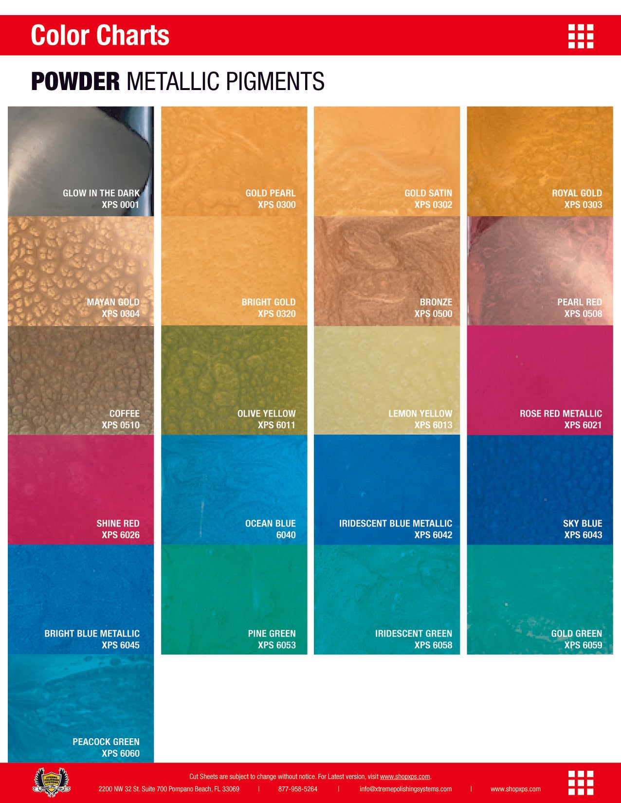 Powder Metallic Pigments Color Chart with color swatches and number