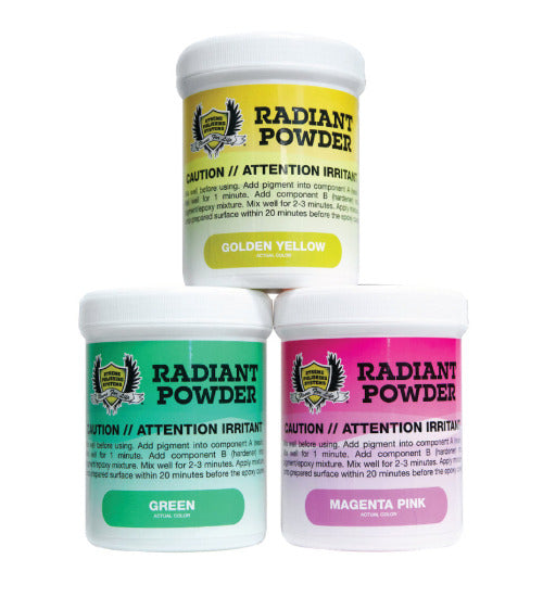 Radiant Pigments: Xtreme Polishing Systems; glow in the dark epoxy pigments.