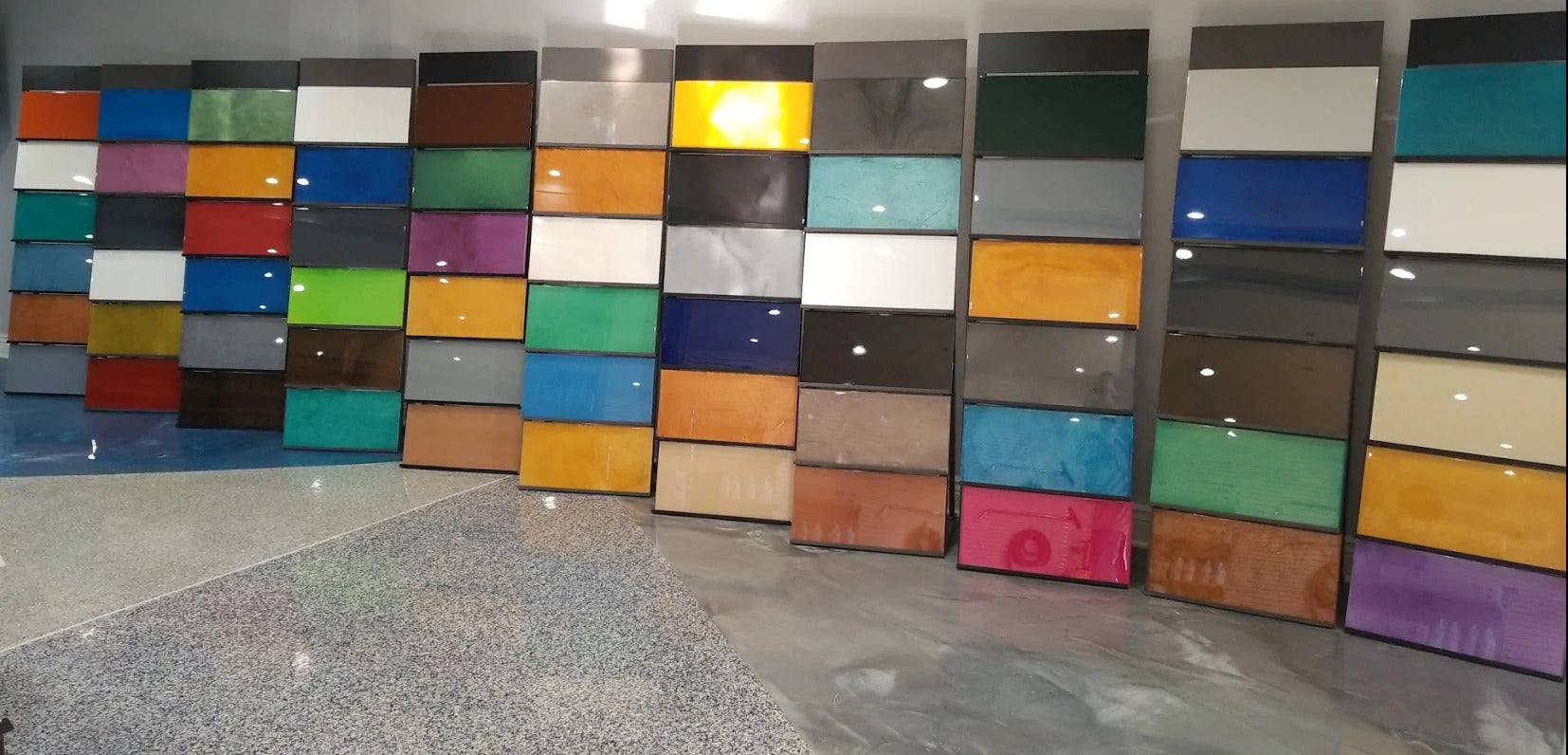 Epoxy flooring sample blocks at St. George Utah. Xtreme Polishing Systems epoxy supply store and polishing store.  Shop Flooring in Amarillo & Epoxy Flooring Amarillo TX.