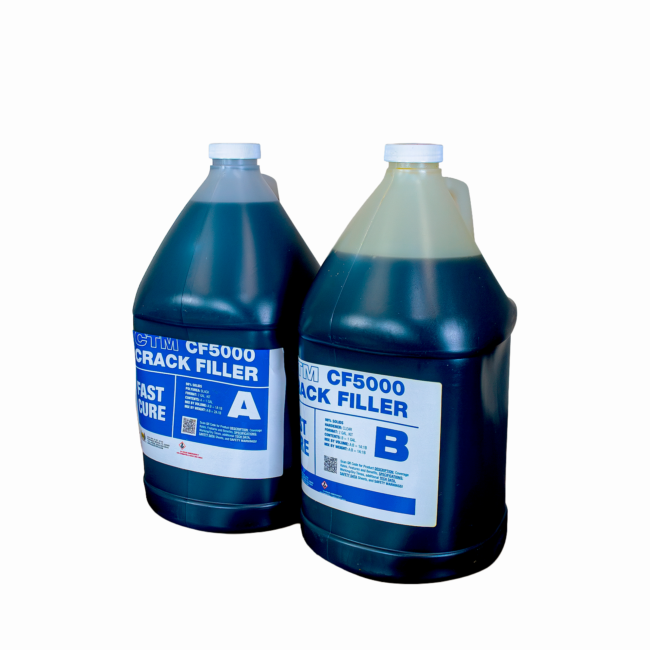 Two large plastic jugs of CF5000 Crack Filler, labeled A and B, containing dark blue liquid, shown on a plain white background.